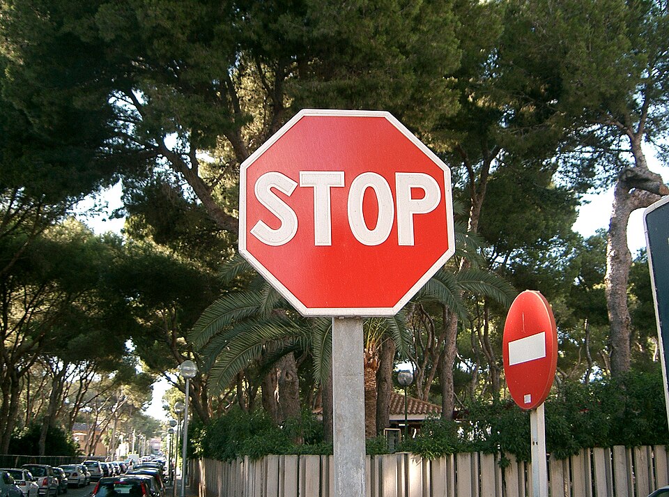 A bright, daytime street scene centered on a red octagonal stop sign mounted on a gray pole, photographed from a slightly low angle; the white text “STOP” is clearly legible. In the background, a tree-lined road extends into the distance with numerous parked cars along the left curb, while a fence and low buildings are partially visible behind dense greenery on the right. Another traffic sign—a red circular “no entry” sign with a white horizontal bar—stands a few feet to the right of the stop sign. The composition places the stop sign prominently in the foreground, with tall trees and palm-like fronds filling most of the backdrop;